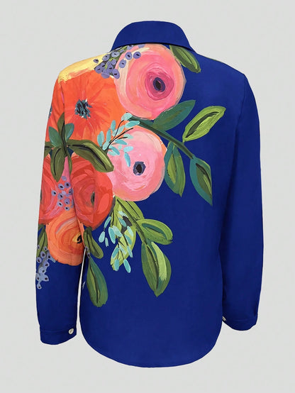 INAWLY Women's Plant Print Button Design Shirt, Vacation Wear Fall Cloth For Women