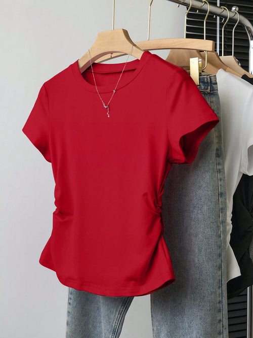 INAWLY Women's Solid Color Round Neck Short Sleeve T-Shirt, Minimalist Fashion Style Suitable For Summer