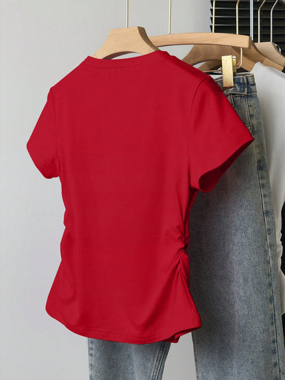 INAWLY Women's Solid Color Round Neck Short Sleeve T-Shirt, Minimalist Fashion Style Suitable For Summer