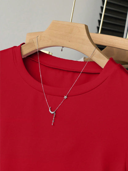 INAWLY Women's Solid Color Round Neck Short Sleeve T-Shirt, Minimalist Fashion Style Suitable For Summer