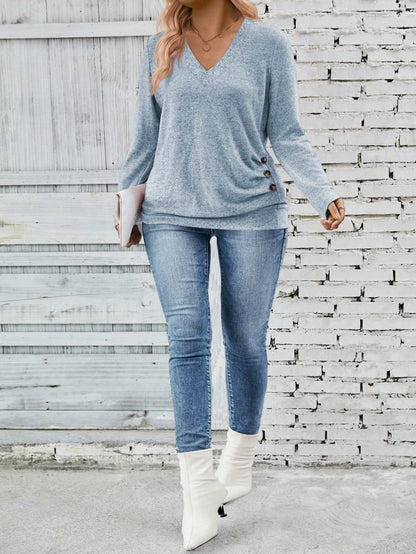 INAWLY Women's V-Neck Long Sleeve Side Slit Button Decor Pleats Soft Knit Casual Pullover, Autumn/Winter Fall Cloth For Women