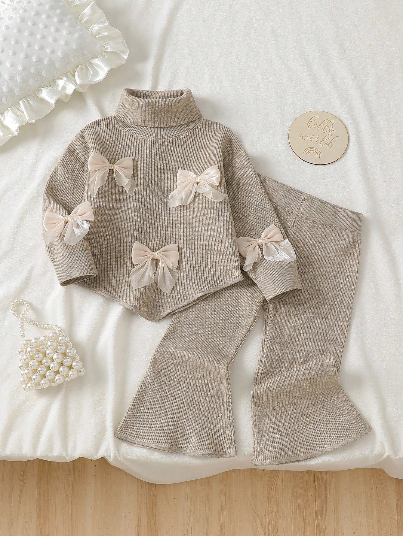 Infant (Girl) Sweater Set, Baby Girl Knitted Long Sleeve High Neck 3D Bow Sweater With Wide Leg Flare Pants, Apricot Color, 2-Piece Set, Elegant And Cute, Suitable For Spring, Autumn, Winter, Soft And