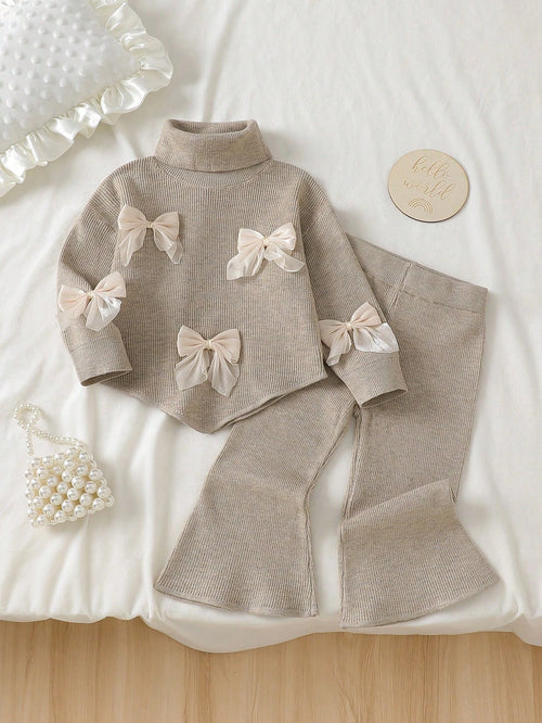 Infant (Girl) Sweater Set, Baby Girl Knitted Long Sleeve High Neck 3D Bow Sweater With Wide Leg Flare Pants, Apricot Color, 2-Piece Set, Elegant And Cute, Suitable For Spring, Autumn, Winter, Soft And