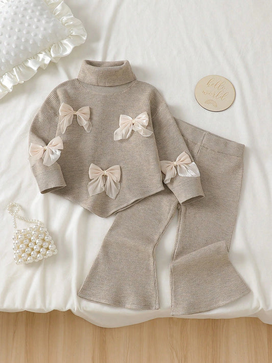 Infant (Girl) Sweater Set, Baby Girl Knitted Long Sleeve High Neck 3D Bow Sweater With Wide Leg Flare Pants, Apricot Color, 2-Piece Set, Elegant And Cute, Suitable For Spring, Autumn, Winter, Soft And