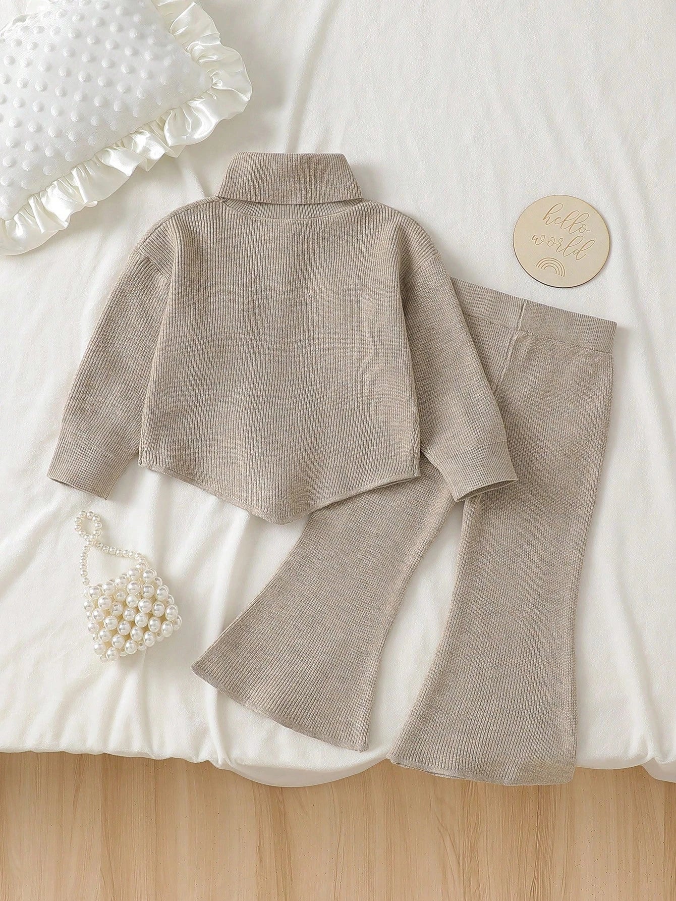 Infant (Girl) Sweater Set, Baby Girl Knitted Long Sleeve High Neck 3D Bow Sweater With Wide Leg Flare Pants, Apricot Color, 2-Piece Set, Elegant And Cute, Suitable For Spring, Autumn, Winter, Soft And