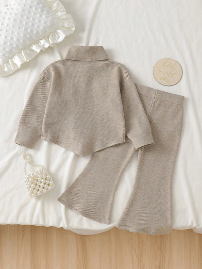 Infant (Girl) Sweater Set, Baby Girl Knitted Long Sleeve High Neck 3D Bow Sweater With Wide Leg Flare Pants, Apricot Color, 2-Piece Set, Elegant And Cute, Suitable For Spring, Autumn, Winter, Soft And