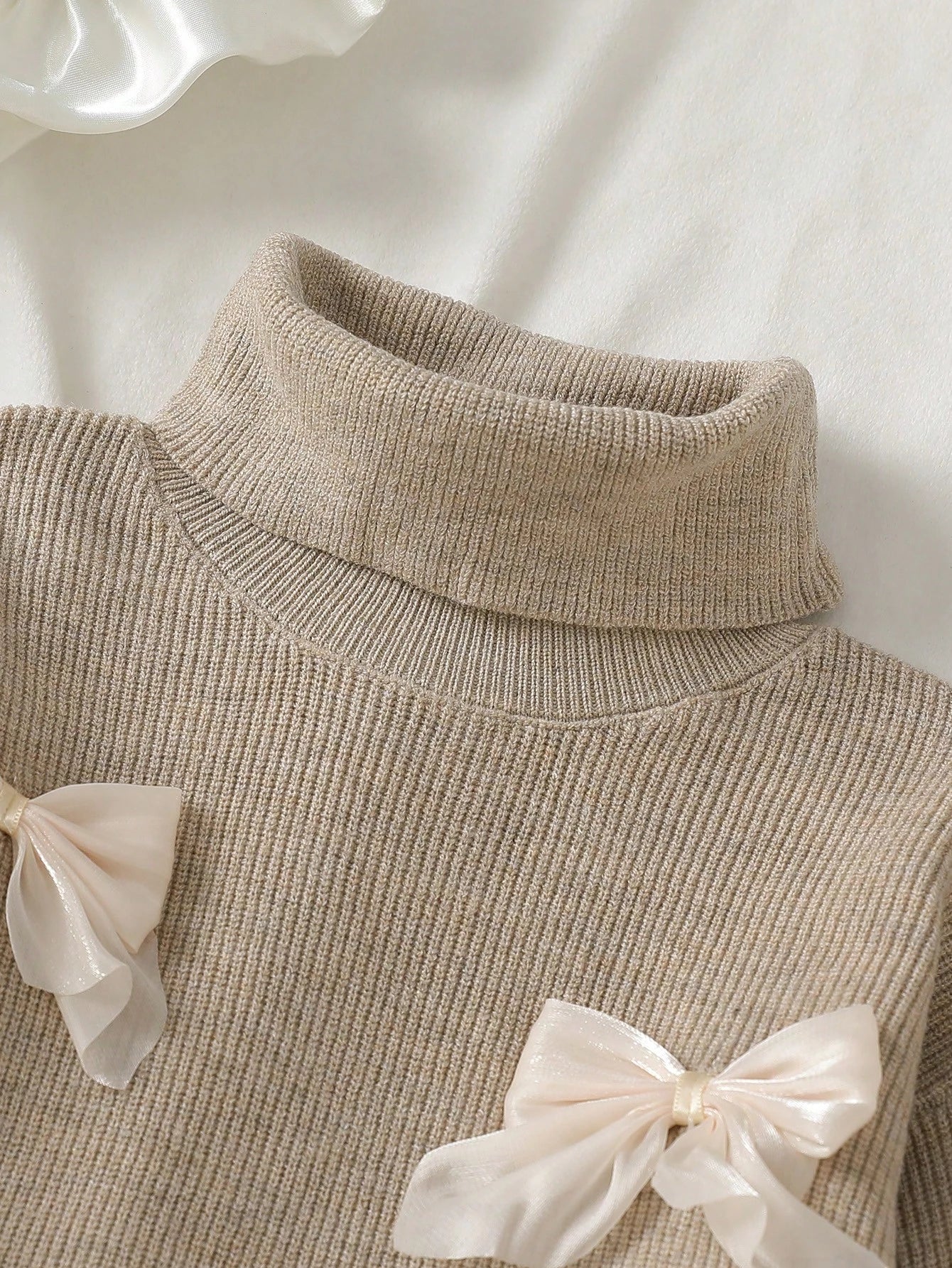 Infant (Girl) Sweater Set, Baby Girl Knitted Long Sleeve High Neck 3D Bow Sweater With Wide Leg Flare Pants, Apricot Color, 2-Piece Set, Elegant And Cute, Suitable For Spring, Autumn, Winter, Soft And