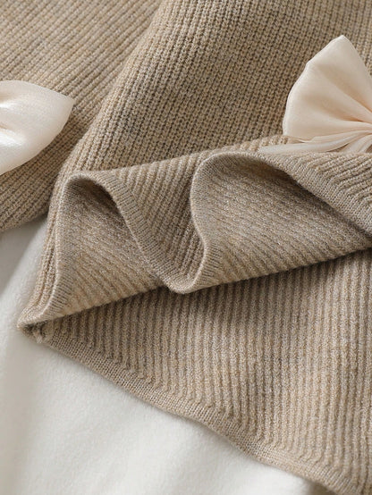 Infant (Girl) Sweater Set, Baby Girl Knitted Long Sleeve High Neck 3D Bow Sweater With Wide Leg Flare Pants, Apricot Color, 2-Piece Set, Elegant And Cute, Suitable For Spring, Autumn, Winter, Soft And