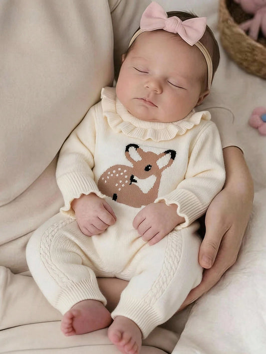 Infant Newborn Baby Knitted Romper, One-Piece Autumn Jumpsuit, Deer Pattern, Soft And Comfortable