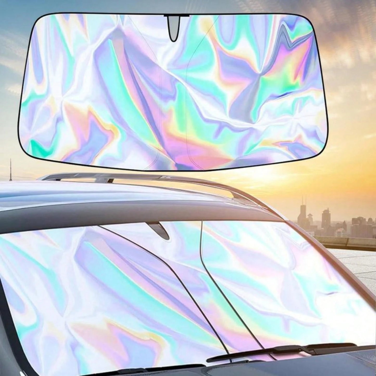 Iridescent Foldable Car Sunshade For Windshield- Holographic UV-Proof Front Window Cover, Nano Ice-Silk Heat Insulation, Easy Store Compact Sun Blocker, Universal Windshield Shade
