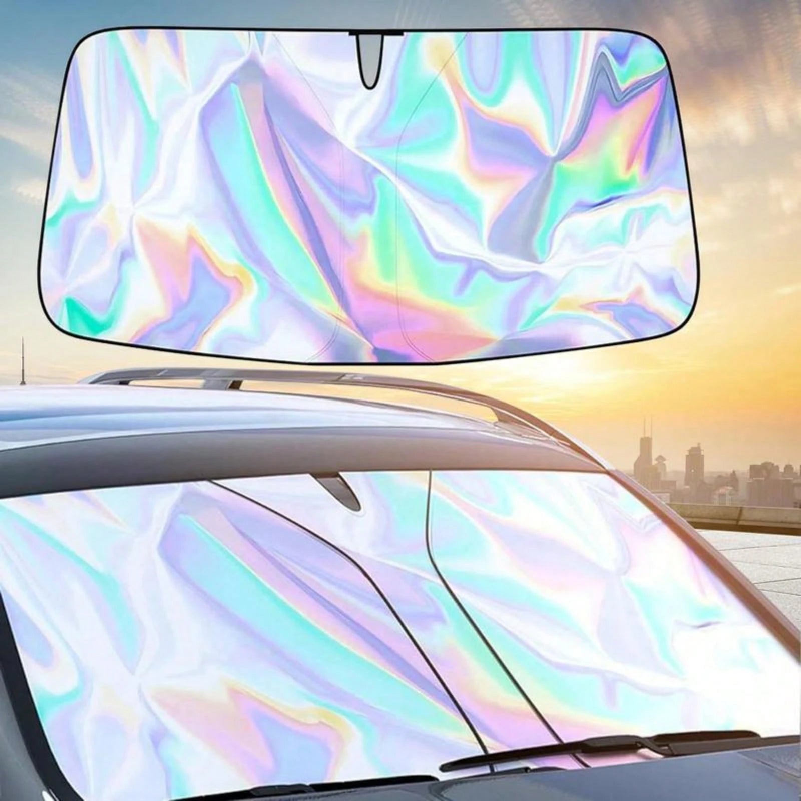 Iridescent Foldable Car Sunshade For Windshield- Holographic UV-Proof Front Window Cover, Nano Ice-Silk Heat Insulation, Easy Store Compact Sun Blocker, Universal Windshield Shade