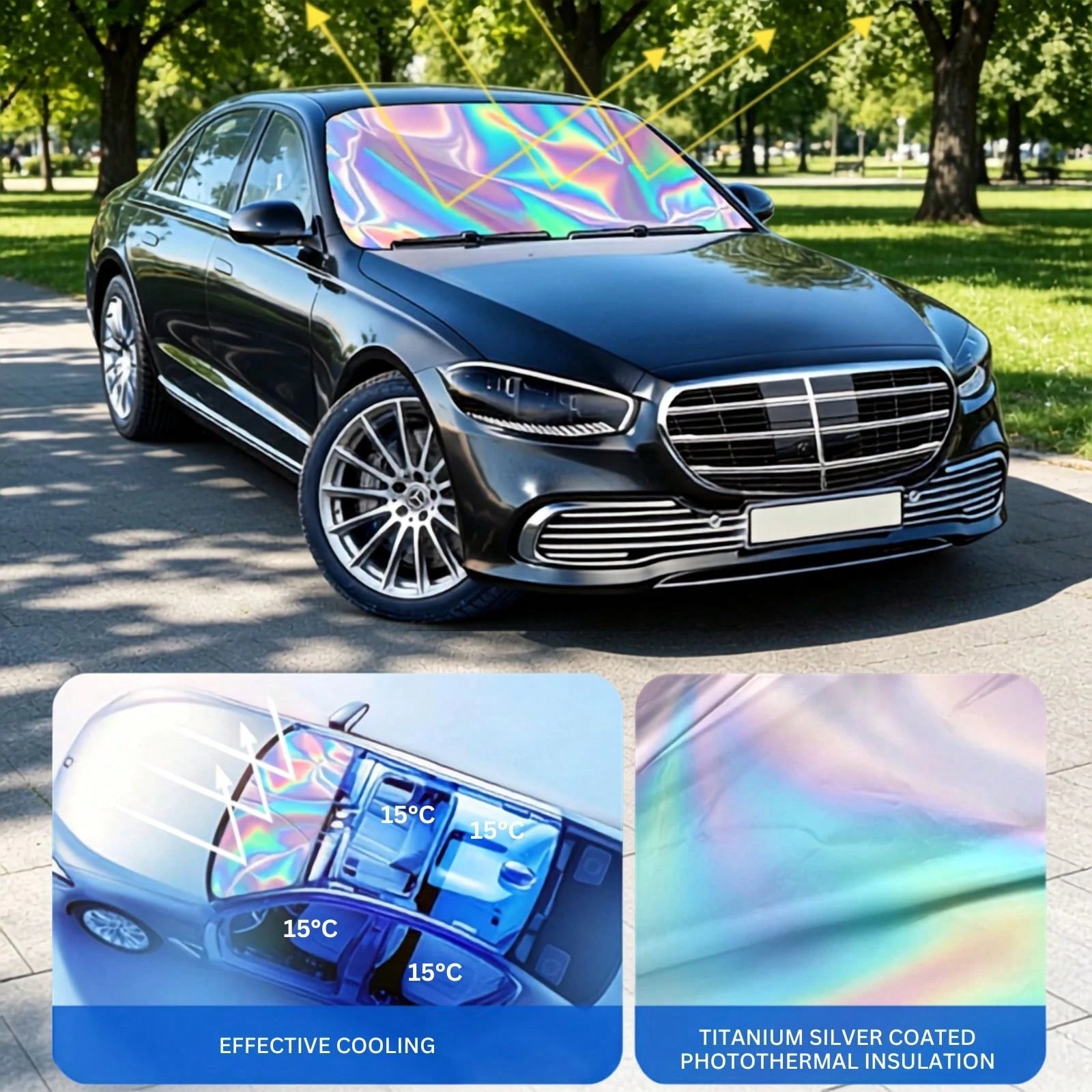 Iridescent Foldable Car Sunshade For Windshield- Holographic UV-Proof Front Window Cover, Nano Ice-Silk Heat Insulation, Easy Store Compact Sun Blocker, Universal Windshield Shade