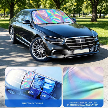 Iridescent Foldable Car Sunshade For Windshield- Holographic UV-Proof Front Window Cover, Nano Ice-Silk Heat Insulation, Easy Store Compact Sun Blocker, Universal Windshield Shade