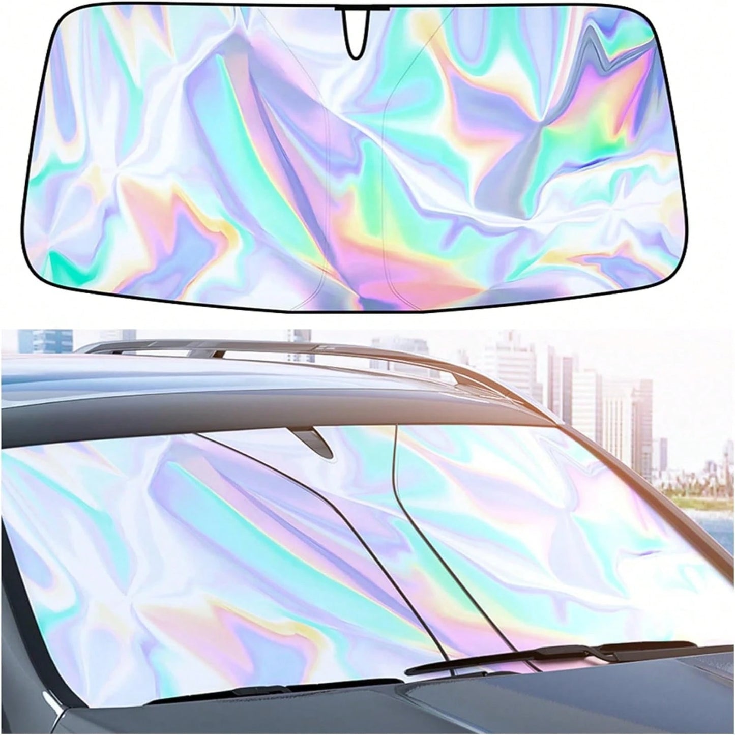 Iridescent Foldable Car Sunshade For Windshield- Holographic UV-Proof Front Window Cover, Nano Ice-Silk Heat Insulation, Easy Store Compact Sun Blocker, Universal Windshield Shade