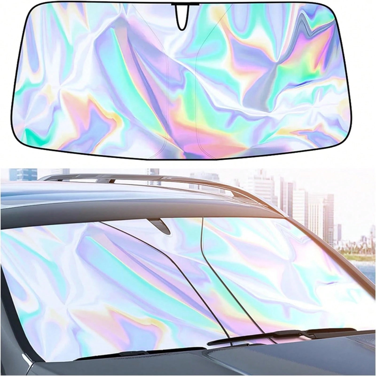 Iridescent Foldable Car Sunshade For Windshield- Holographic UV-Proof Front Window Cover, Nano Ice-Silk Heat Insulation, Easy Store Compact Sun Blocker, Universal Windshield Shade