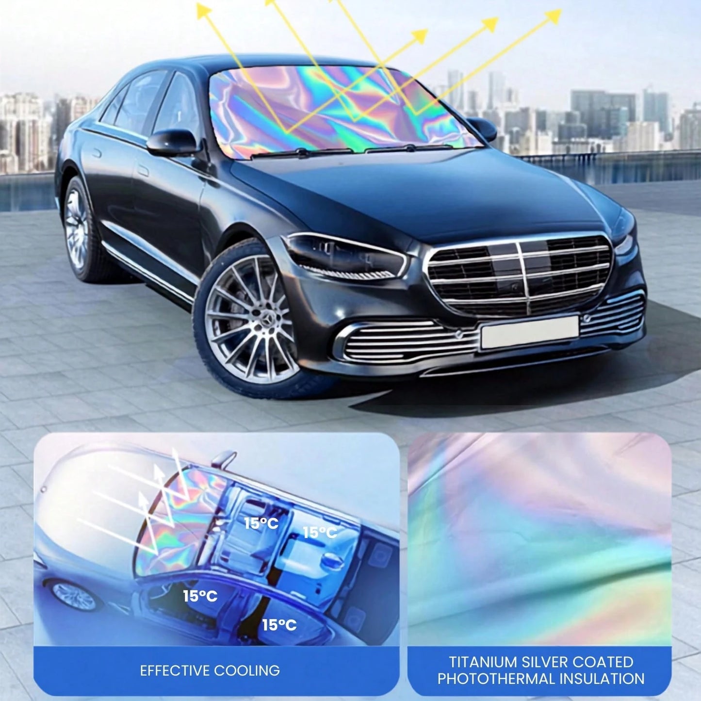 Iridescent Foldable Car Sunshade For Windshield- Holographic UV-Proof Front Window Cover, Nano Ice-Silk Heat Insulation, Easy Store Compact Sun Blocker, Universal Windshield Shade
