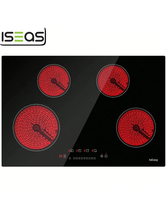 IsEasy Electric Cooktop 30 Inch Ceramic Stove 4 Burners Built-In Stove Top Electric Hot Plate Satin Glass Cooktop In Black Touch Sensor Control/Timer/Child Safety Lock/9 Power Levelsr/220-240V 6700W