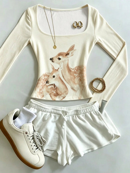 IslaSuriya French-Style Square-Neck Long-Sleeve Base Shirt For Women With A Small Deer Print, Slim-Fitting T-Sh