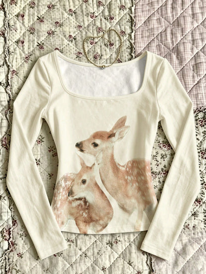 IslaSuriya French-Style Square-Neck Long-Sleeve Base Shirt For Women With A Small Deer Print, Slim-Fitting T-Sh