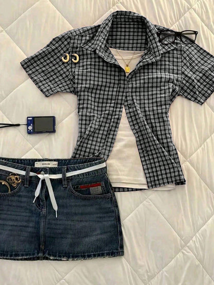 IslaSuriya Women's Plaid Versatile Single-Breasted Woven Short Sleeve Shirt