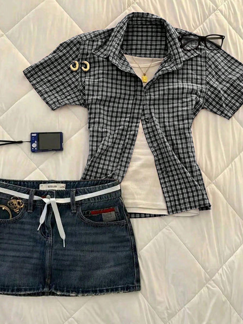 IslaSuriya Women's Plaid Versatile Single-Breasted Woven Short Sleeve Shirt