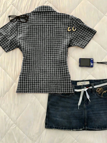 IslaSuriya Women's Plaid Versatile Single-Breasted Woven Short Sleeve Shirt