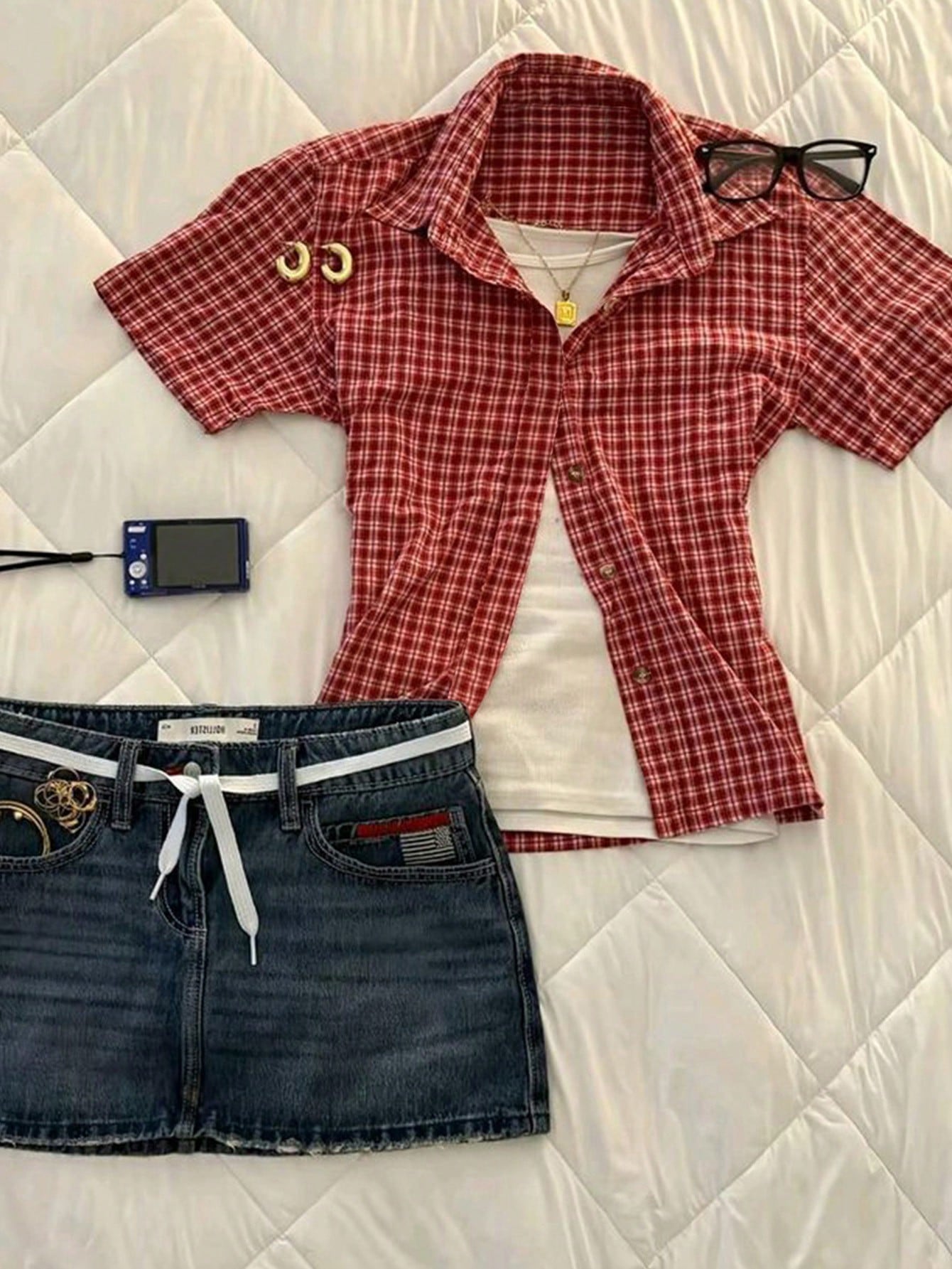 IslaSuriya Women's Plaid Versatile Single-Breasted Woven Short Sleeve Shirt