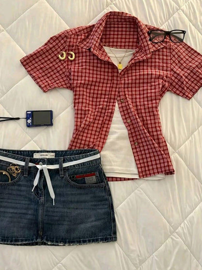 IslaSuriya Women's Plaid Versatile Single-Breasted Woven Short Sleeve Shirt
