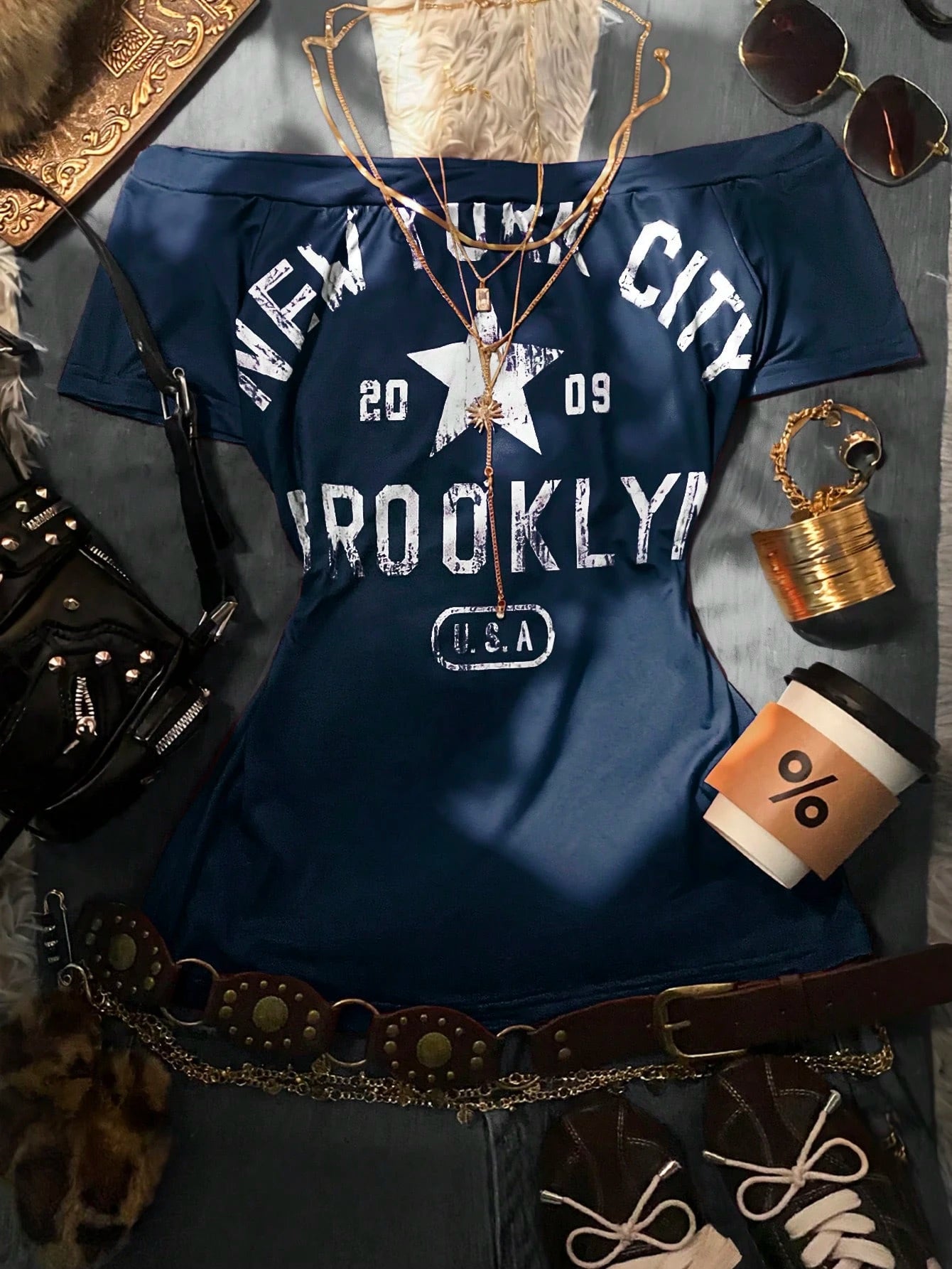 IslaSuriya Y2K Plus-Size Off-Shoulder Slim-Fit Short-Sleeved T-Shirt,NEW YORK Retro Style,Summer,Casual,,Independence Day,Navy Blue 2000s Everyday Wear