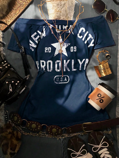 IslaSuriya Y2K Plus-Size Off-Shoulder Slim-Fit Short-Sleeved T-Shirt,NEW YORK Retro Style,Summer,Casual,,Independence Day,Navy Blue 2000s Everyday Wear