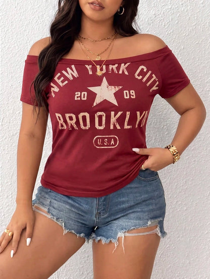 IslaSuriya Y2K Plus-Size Off-Shoulder Slim-Fit Short-Sleeved T-Shirt,NEW YORK Retro Style,Summer,Casual,,Independence Day,Navy Blue 2000s Everyday Wear