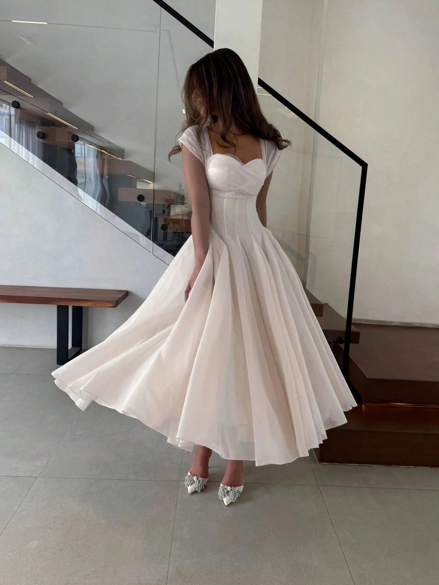 Ivory Chiffon Sweetheart Midi Dress Cap Sleeves Cross Ruched Corset A Line Tea Length Civil Wedding Bridal Gown