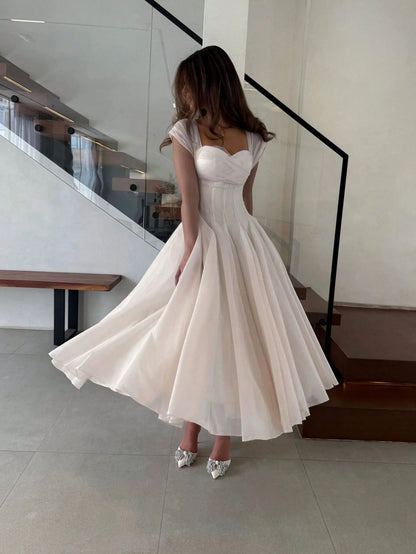 Ivory Chiffon Sweetheart Midi Dress Cap Sleeves Cross Ruched Corset A Line Tea Length Civil Wedding Bridal Gown