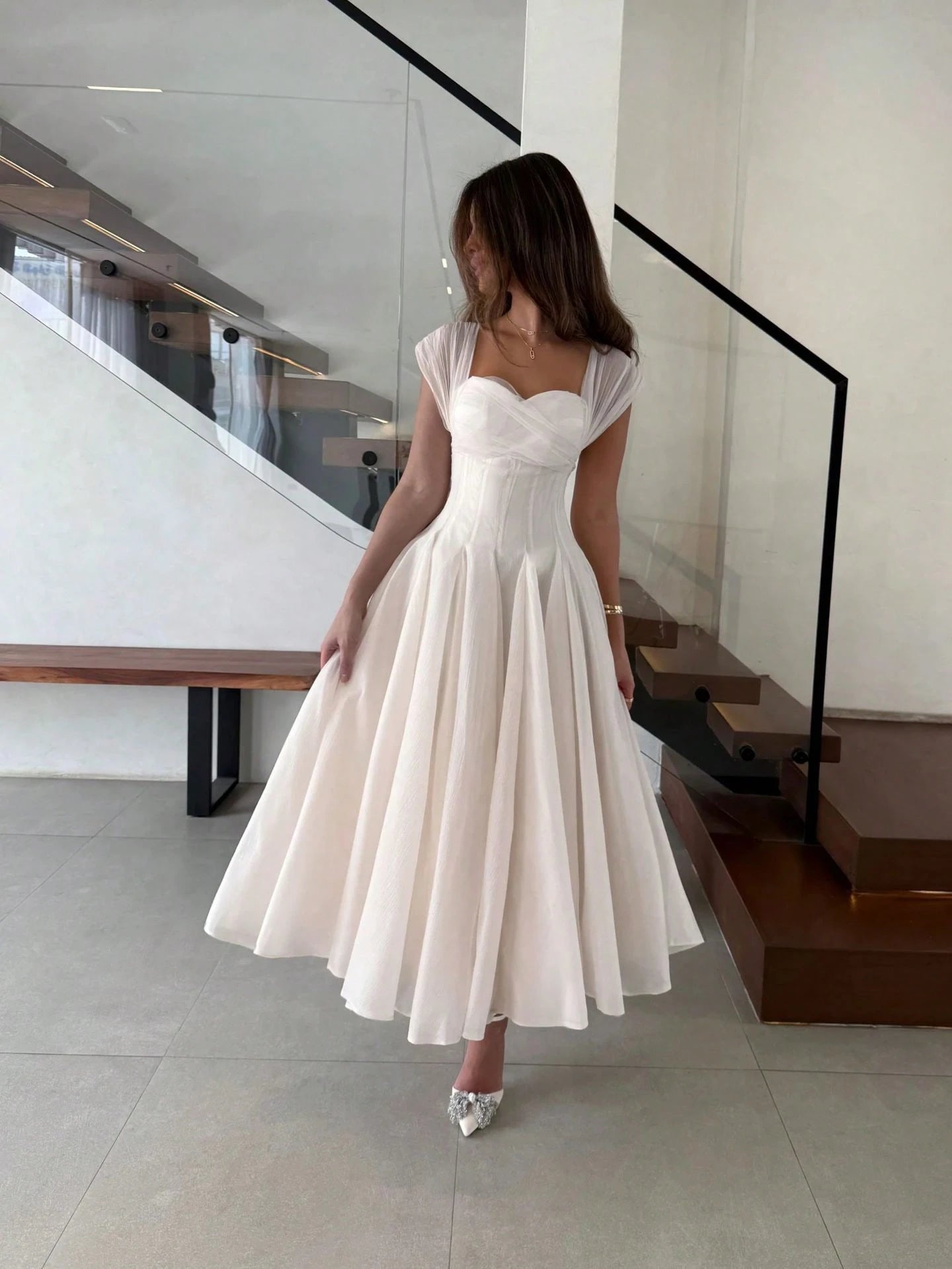 Ivory Chiffon Sweetheart Midi Dress Cap Sleeves Cross Ruched Corset A Line Tea Length Civil Wedding Bridal Gown