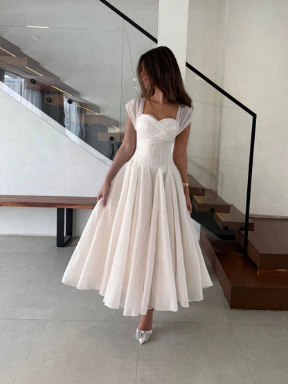 Ivory Chiffon Sweetheart Midi Dress Cap Sleeves Cross Ruched Corset A Line Tea Length Civil Wedding Bridal Gown