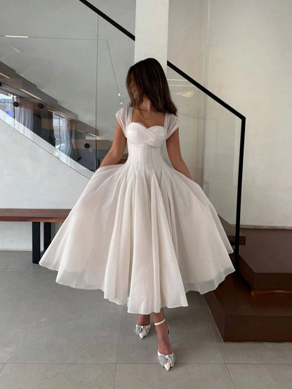 Ivory Chiffon Sweetheart Midi Dress Cap Sleeves Cross Ruched Corset A Line Tea Length Civil Wedding Bridal Gown