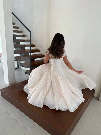 Ivory Chiffon Sweetheart Midi Dress Cap Sleeves Cross Ruched Corset A Line Tea Length Civil Wedding Bridal Gown