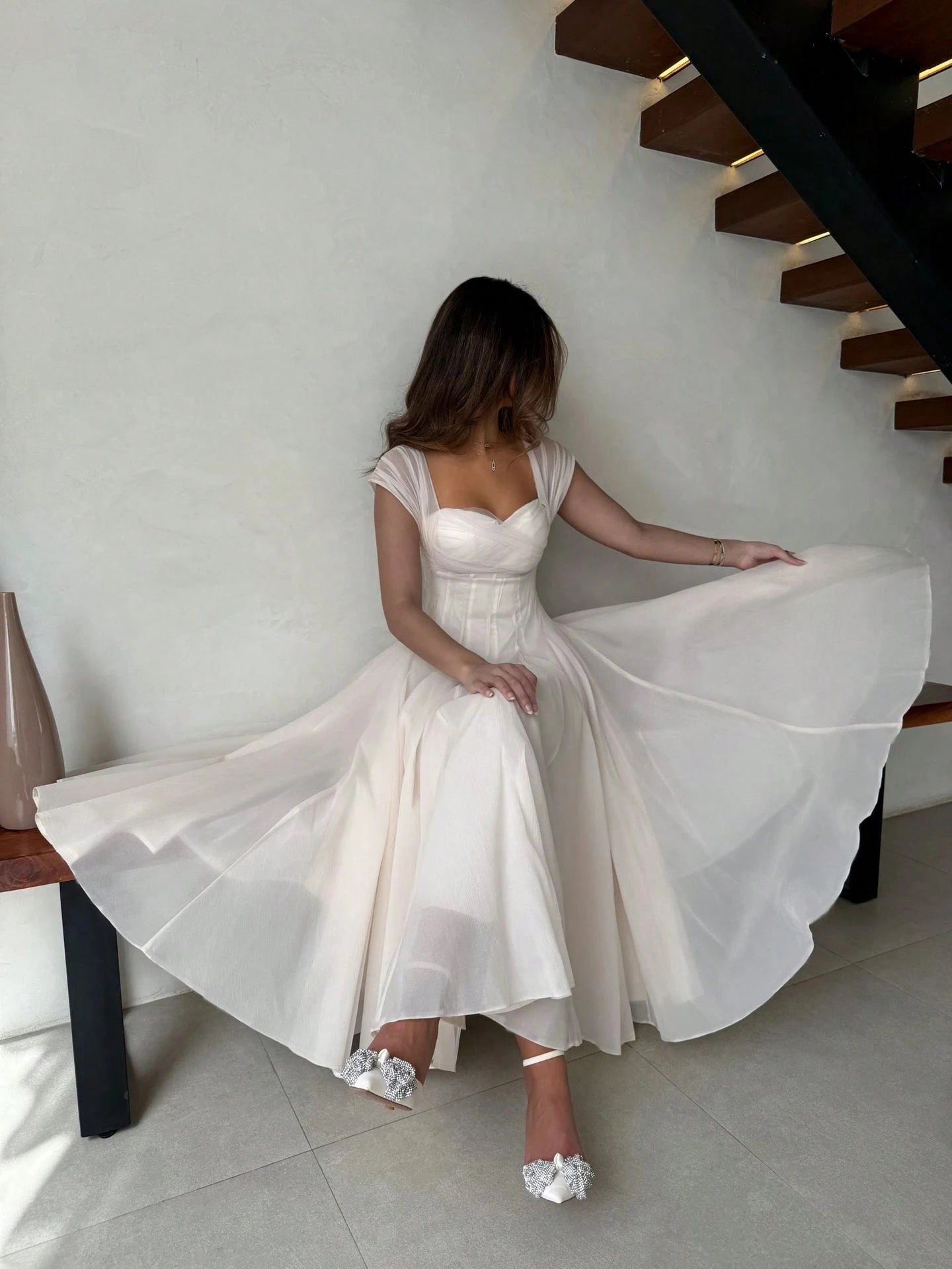 Ivory Chiffon Sweetheart Midi Dress Cap Sleeves Cross Ruched Corset A Line Tea Length Civil Wedding Bridal Gown