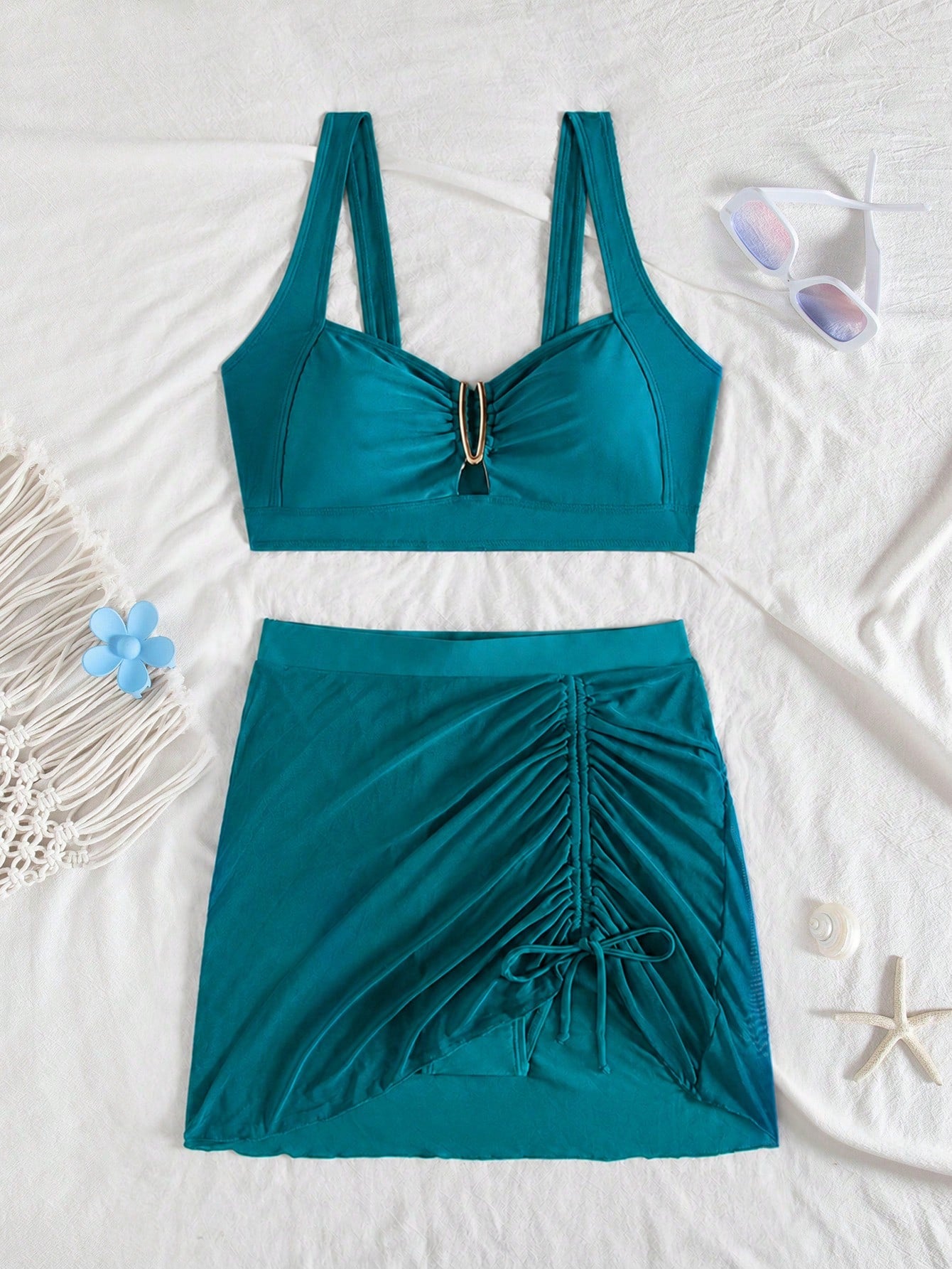 jeederkim New Summer Women's Bikini Top With Metal Decor, Paired With Matching Transparent Mini Skirt, Perfect For Summer Beach Wear Vacation