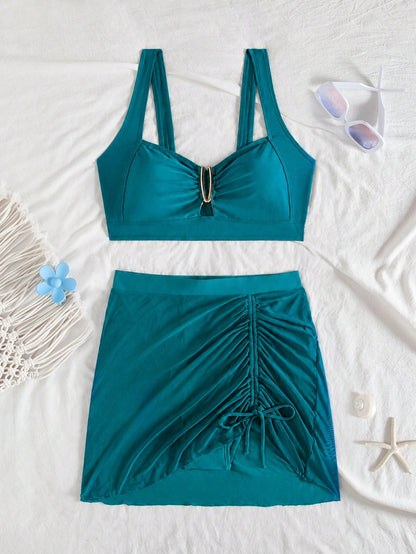 jeederkim New Summer Women's Bikini Top With Metal Decor, Paired With Matching Transparent Mini Skirt, Perfect For Summer Beach Wear Vacation