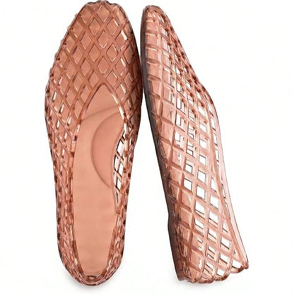 Jelly Shoes Women Casual Slip On Mesh Ballet Flats Comfortable Jelly Sandals For Women Beige Hollow Breathable Summer Sandals