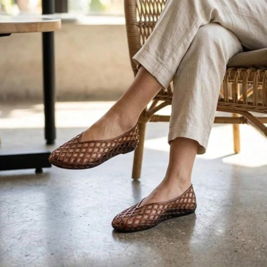 Jelly Shoes Women Casual Slip On Mesh Ballet Flats Comfortable Jelly Sandals For Women Beige Hollow Breathable Summer Sandals