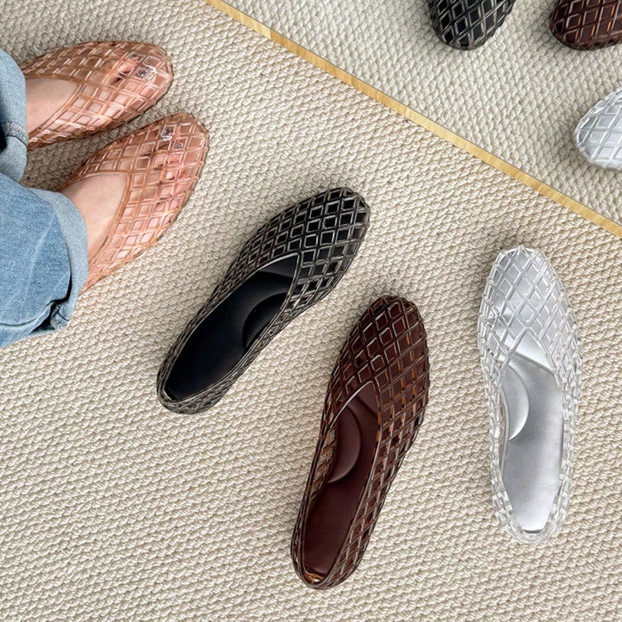 Jelly Shoes Women Casual Slip On Mesh Ballet Flats Comfortable Jelly Sandals For Women Beige Hollow Breathable Summer Sandals