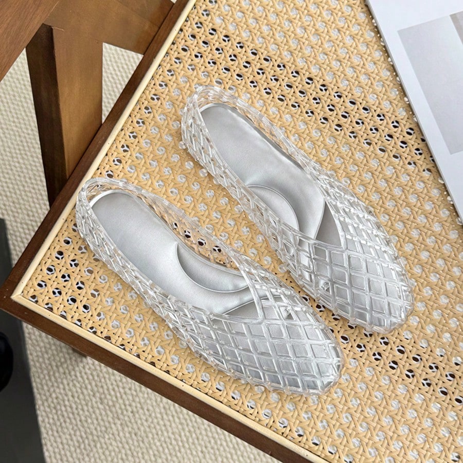Jelly Shoes Women Casual Slip On Mesh Ballet Flats Comfortable Jelly Sandals For Women Beige Hollow Breathable Summer Sandals