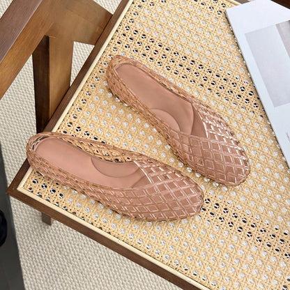 Jelly Shoes Women Casual Slip On Mesh Ballet Flats Comfortable Jelly Sandals For Women Beige Hollow Breathable Summer Sandals