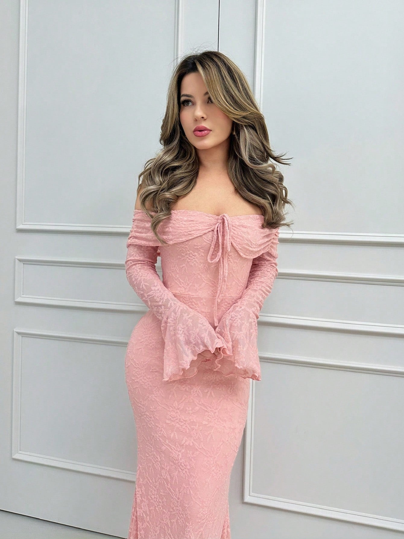 Jemour Women Off Shoulder Long Sleeve Front Tie Bodycon Dress,New Years Dress Women,New Year Party Dress,Valentine's Day,Pastel Dresses For Women