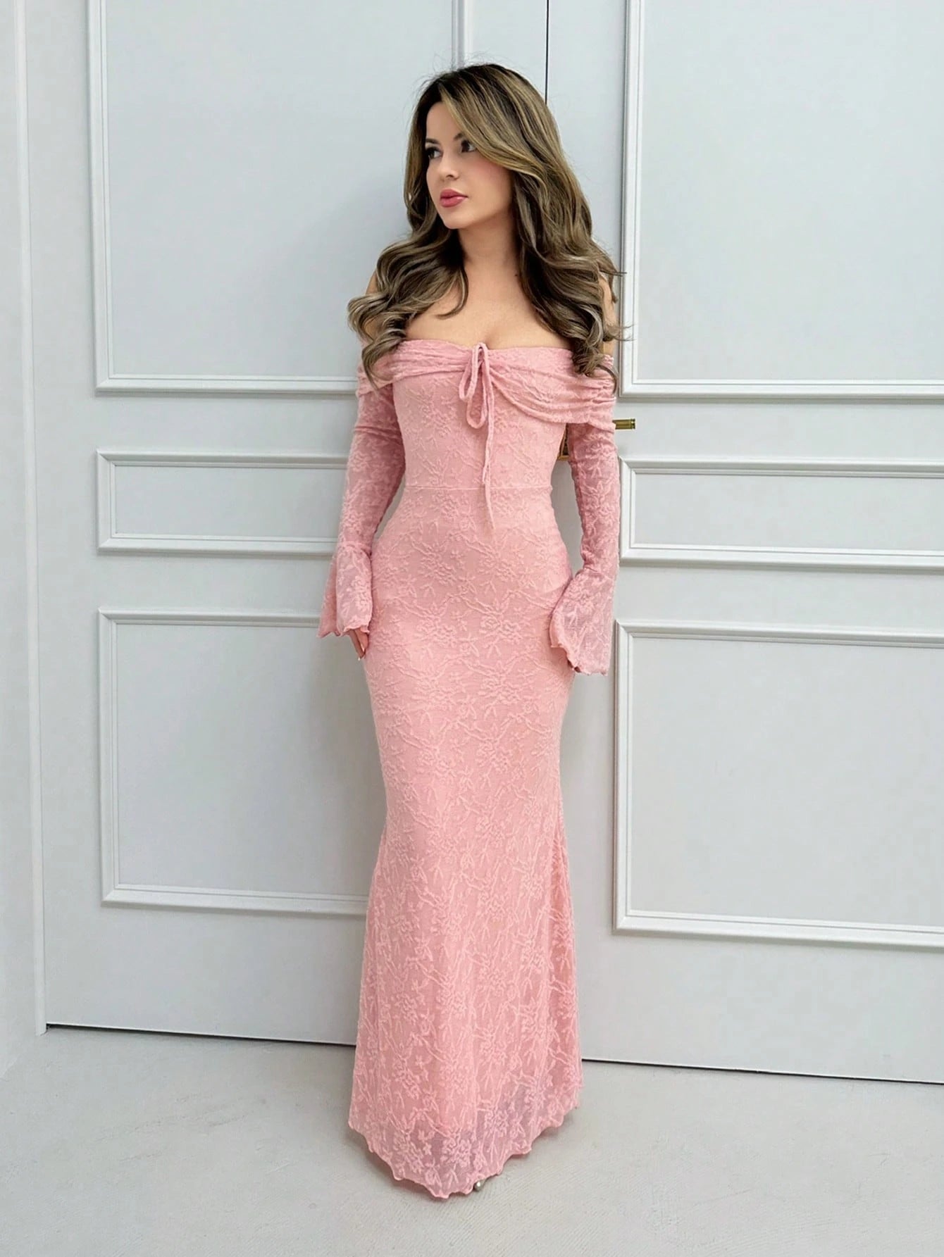 Jemour Women Off Shoulder Long Sleeve Front Tie Bodycon Dress,New Years Dress Women,New Year Party Dress,Valentine's Day,Pastel Dresses For Women