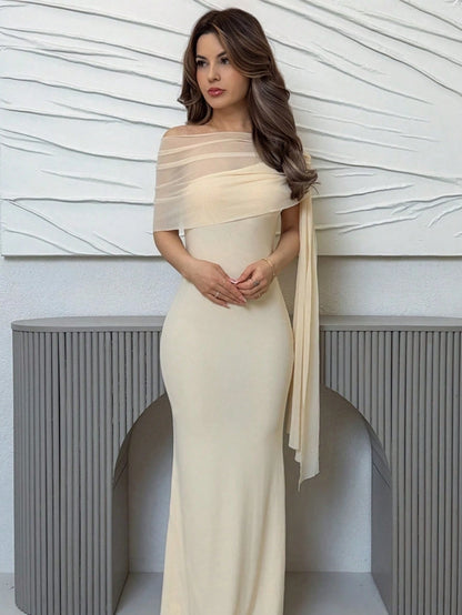 Jemour Women's Birthday Party Dress Cocktail Dance Concert Music Festival Dinner Greek Goddess Dress Holiday Apricot Dress Mesh Knit Bodycon Dress Solid Color Asymmetrical Collar Splice Chiffon Dress