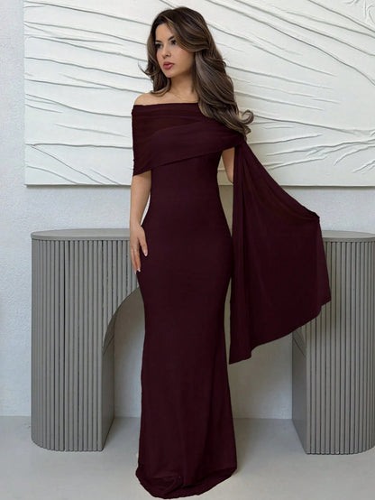 Jemour Women's Birthday Party Dress Cocktail Dance Concert Music Festival Dinner Greek Goddess Dress Holiday Apricot Dress Mesh Knit Bodycon Dress Solid Color Asymmetrical Collar Splice Chiffon Dress