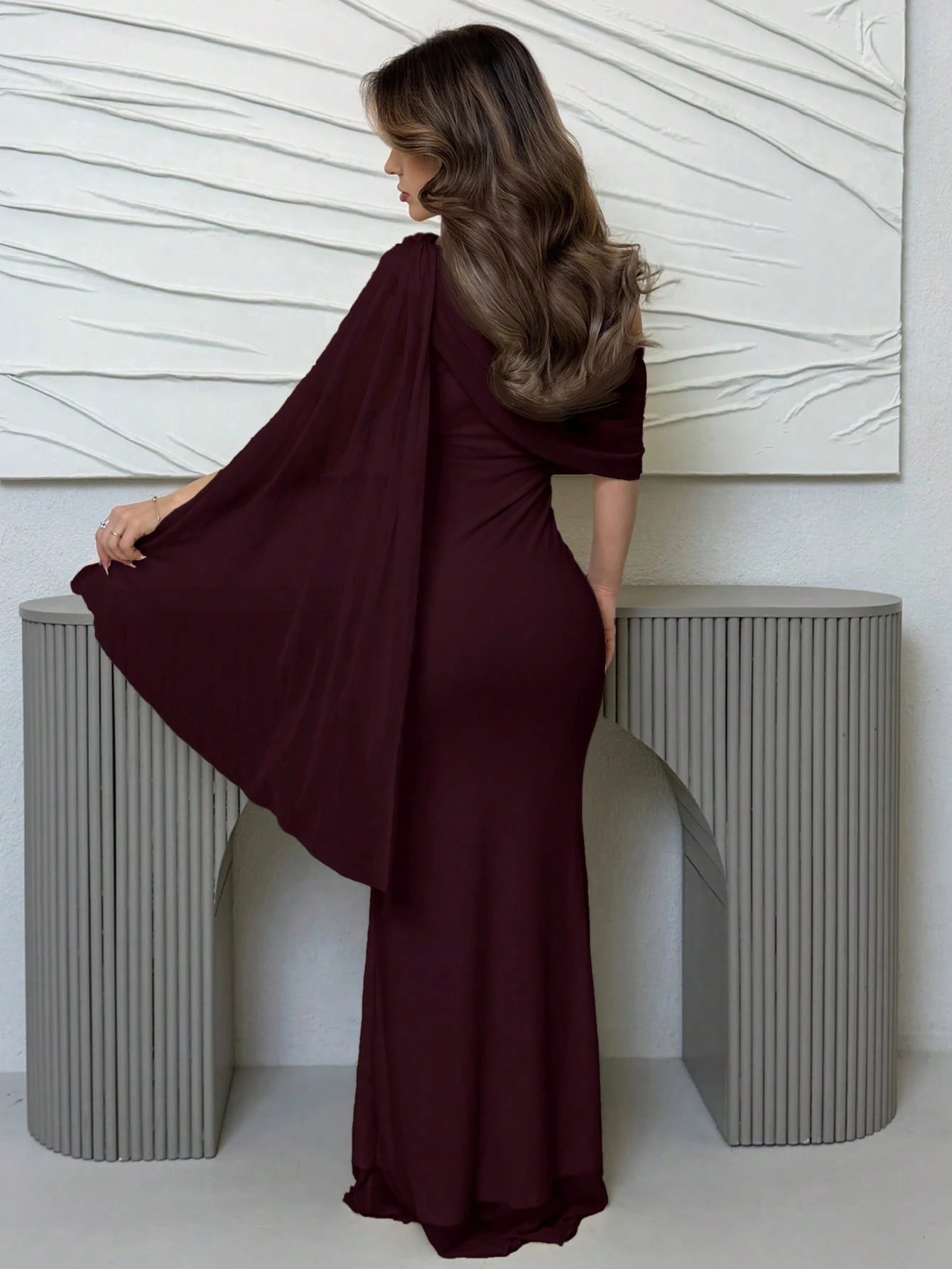 Jemour Women's Birthday Party Dress Cocktail Dance Concert Music Festival Dinner Greek Goddess Dress Holiday Apricot Dress Mesh Knit Bodycon Dress Solid Color Asymmetrical Collar Splice Chiffon Dress